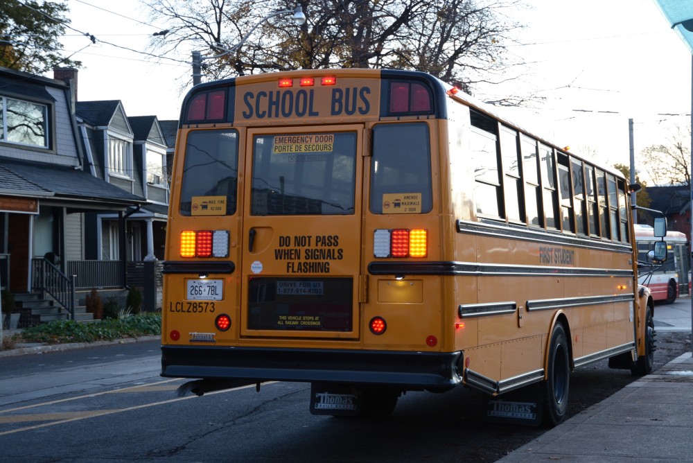 The back of a school bus parked alongside a curb on residential street