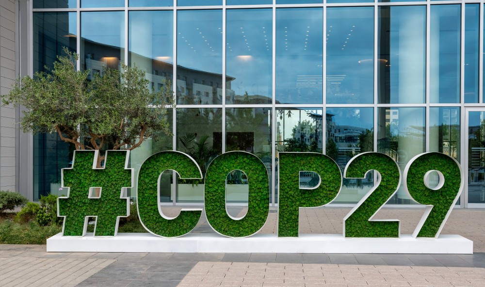 A COP29 sign outside a building in Baku, Azerbaijan