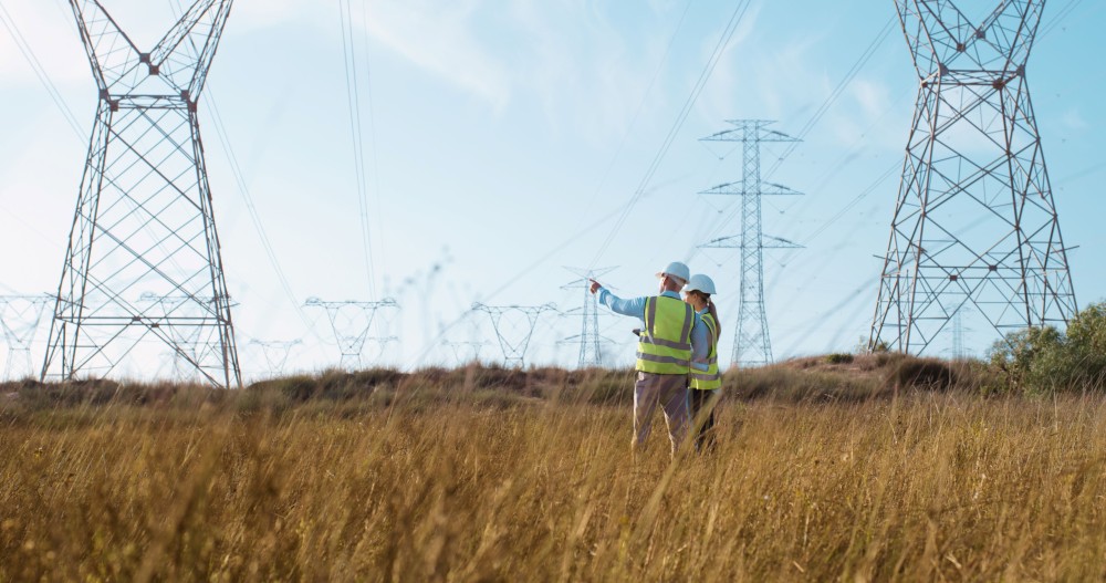 Electricity transmission lines with workers in a field