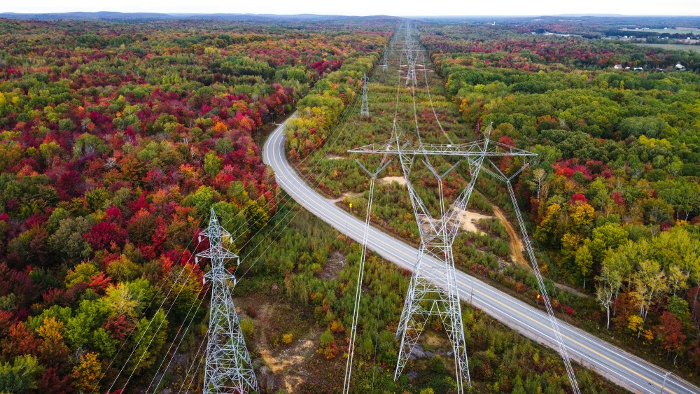 Aerial view of high voltage power lines in a forest in autumn