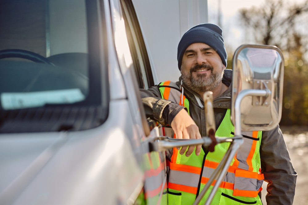 Professional driver by his truck before the ride looking at camera