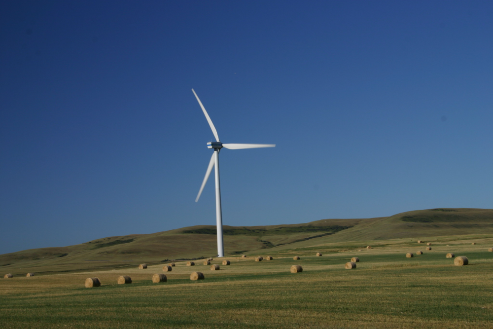 wind turbine in field with hay bales