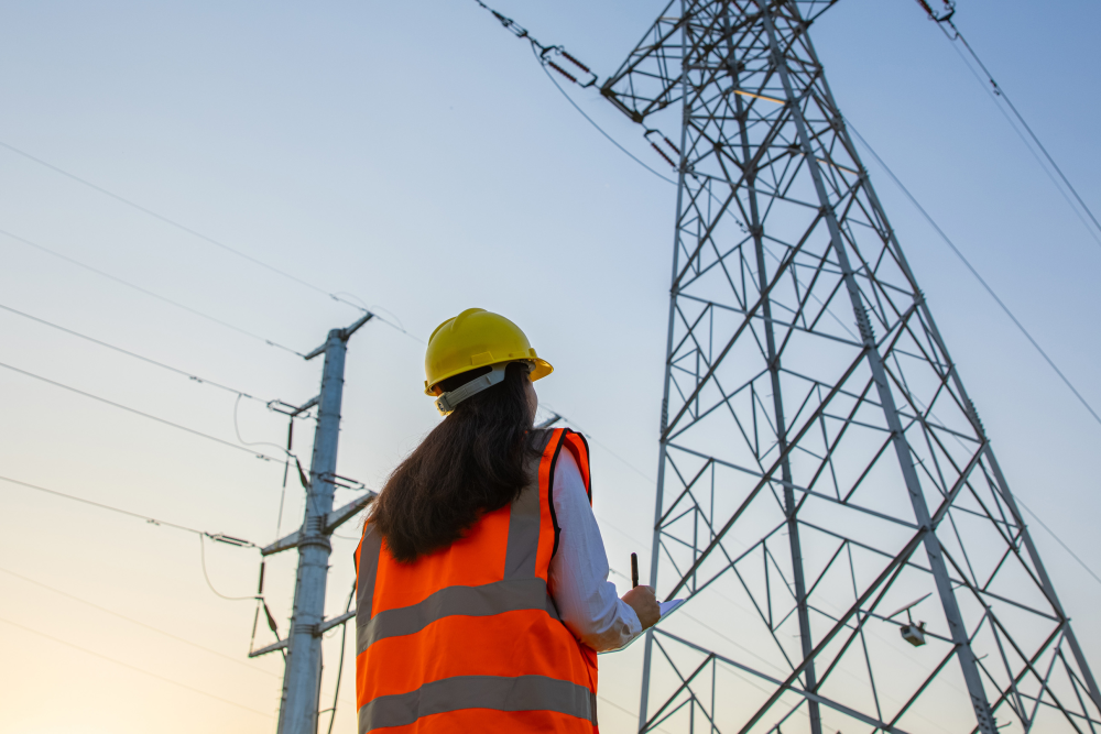 woman looking at electricity pylons