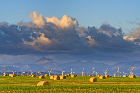 wind farm near the mountains