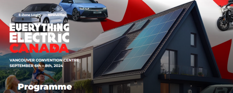 Everything-electric conference banner with solar on house and electric vehicles