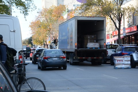 Large truck delivering freight cargo in Montreal