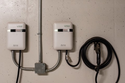 EV chargers in a parking garage