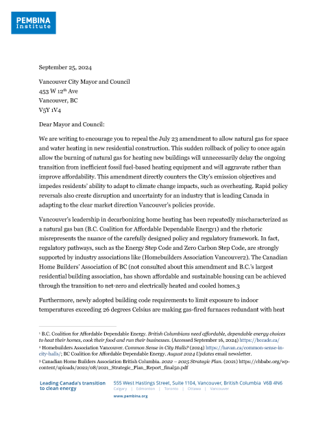 Letter to Vancouver re zero-emissions buildings