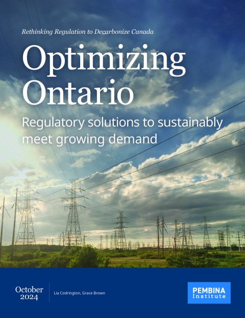 Cover page of Optimizing Ontario report shows transmission lines crossing over lush green land