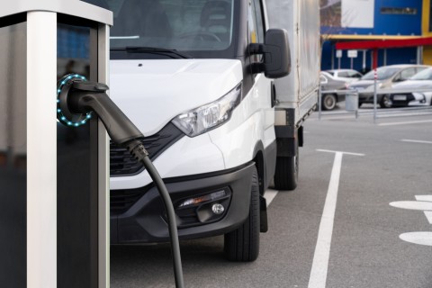 electric vehicle charger in front of small electric truck in Ikea parking lot 