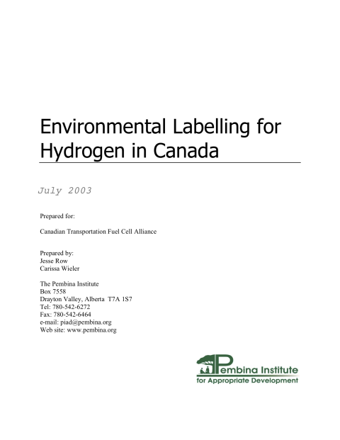 Cover for Environmental Labelling for Hydrogen in Canada