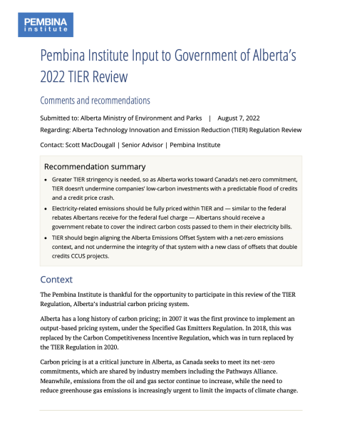 cover of submission on Alberta’s 2022 TIER Review