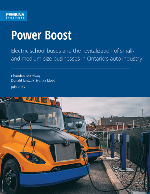 Cover of Power Boost with electric school buses at chargers