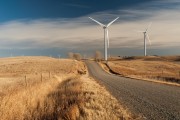 Photo of road passing through golden farmland with windmills in the distance under a blue sky