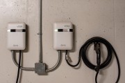 electric vehicle charging unit installed to wall of multi-unit residential building indoor parking garage