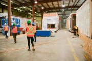 Workers in a prefabricated building factory