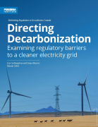 Cover to Directing Decarbonization with deer striding between two wind turbines in a field with transmission lines in the background and mountains in the distance