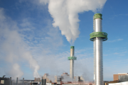 Exhaust plumes from heating systems on a cold day in Alberta