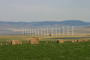 Wind turbines near mountains